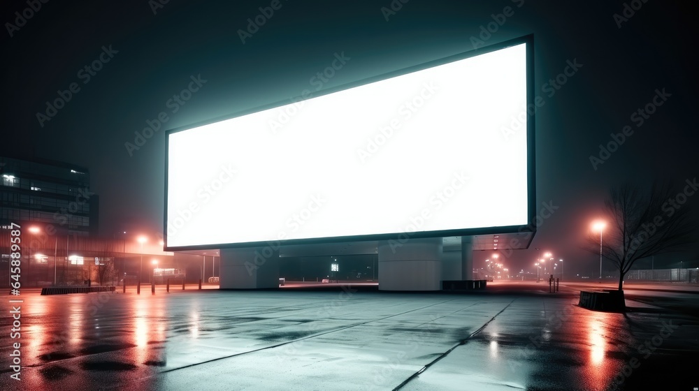 Mock up blank white advertising billboard on a shopping center wall at night. Mock up blank white advertising billboard on a shopping center wall at night.