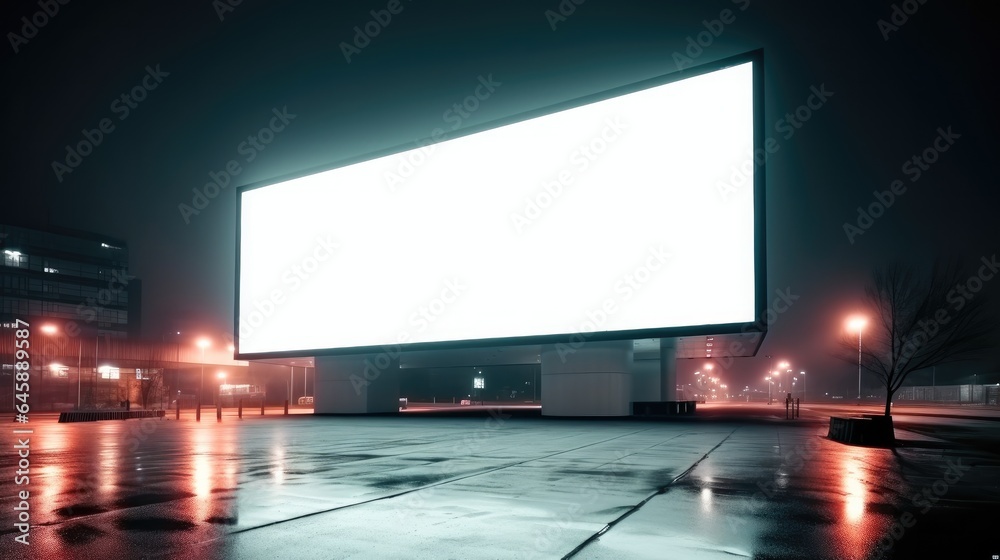 Mock up blank white advertising billboard on a shopping center wall at night.