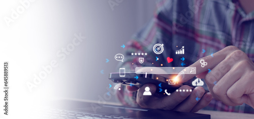 Businessman using digital tablet to use marketing tools and check pay per click web page traffic research program for online business and..
