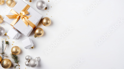 Elegant Gift box on a white table with copy space. silver and gold theme , top view space for text photo