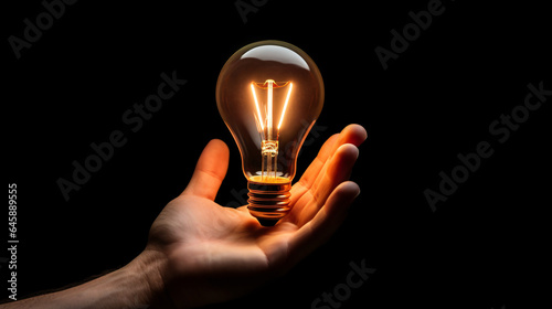 Creative idea bulb on a man hand on black background - Bright Idea Concept, Business Idea
