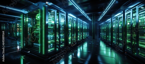 A clean and efficient data center with rows of server racks in a controlled environment.Generated with AI