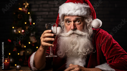 worried Santa Claus is drinking a wine in a brick background with a Christmas tree, sad Santa, concerned photo