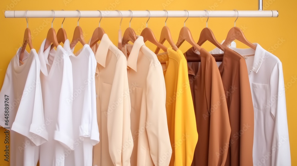Colorful clothes hanging on rack.