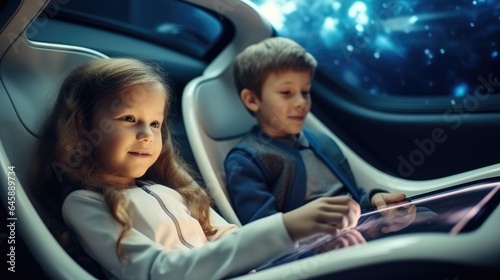Two children are ride in a self driving car controlled by an artificial intelligence autopilot Future technologies.