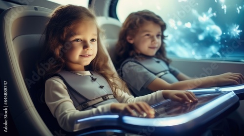 Two children are ride in a self driving car controlled by an artificial intelligence autopilot Future technologies. © visoot