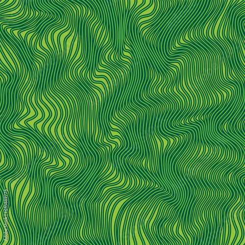 Vector seamless pattern. Abstract grunge texture with green wavy stripes. Creative background with distorted lines. Decorative striped design with distortion effect
