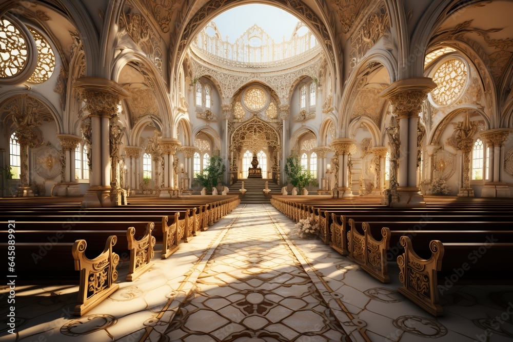 An image of a Christian church's serene interior, with stained glass windows and a cross.Generated with AI