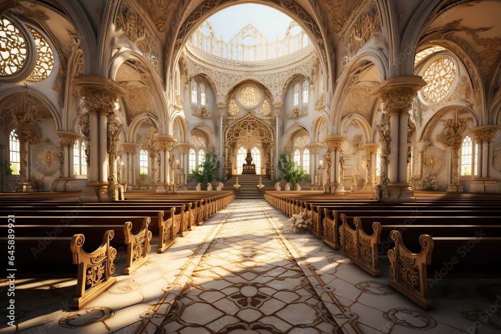 An image of a Christian church's serene interior, with stained glass windows and a cross.Generated with AI An image of a Christian church's serene interior, with stained glass windows and a cross.Generated with AI