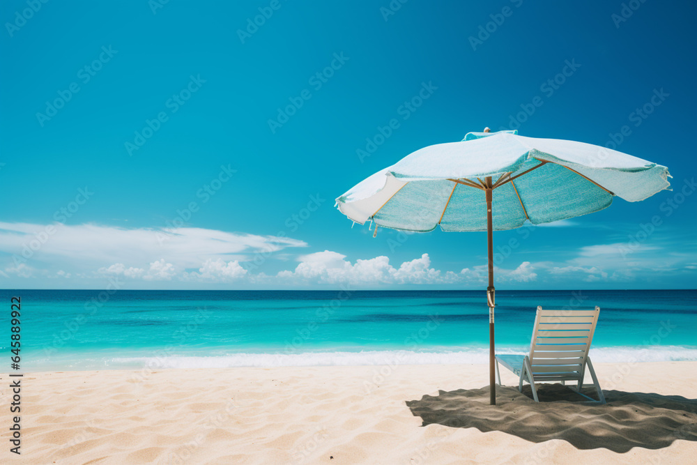 the tropical beach moment with towel under the parasol with turquoise sea in the background