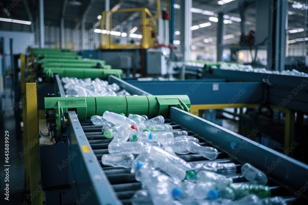 Recyclable materials on conveyor belt in a facility. Recyclable materials on conveyor belt in a facility.