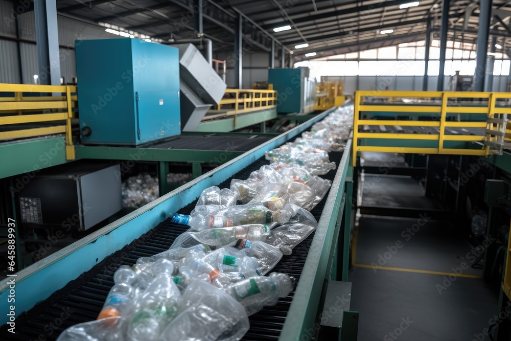 Recyclable materials on conveyor belt in a facility.