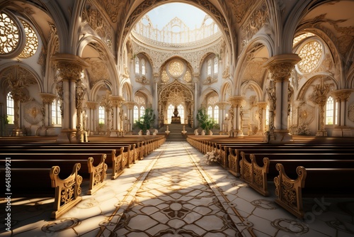 An image of a Christian church's serene interior, with stained glass windows and a cross.Generated with AI