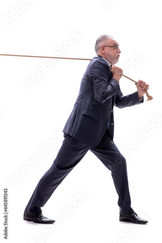 Old businessman with rope isolated on white