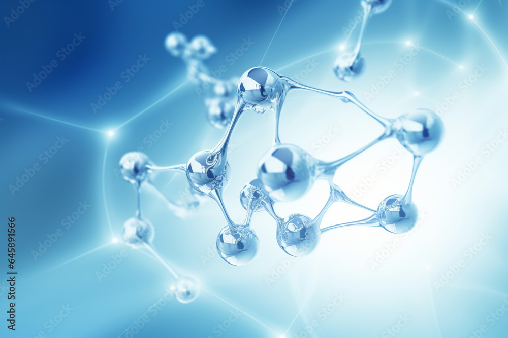 water molecules and bubbles floating in blue water, in the style of molecular structures water molecules and bubbles floating in blue water, in the style of molecular structures