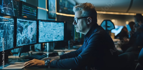 Officer Works on a Computer with Surveillance Software in a Traffic Monitoring Center and Analyzing Live CCTV Footage on a Big Screen in a Modern Monitoring Office.