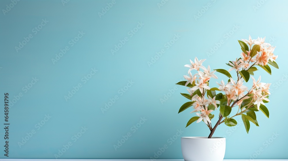 floral white pot with blooming flower on blue background floral white pot with blooming flower on blue background