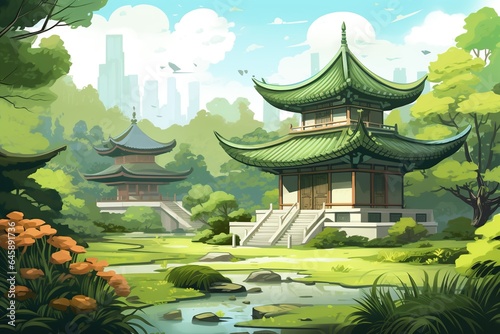 A serene Buddhist temple nestled in lush greenery, showcasing peaceful meditation spots.Generated with AI