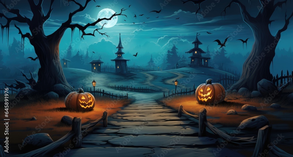 Halloween landscape background with pumpkins and full moon in the spooky haunted forest. - obrazy, fototapety, plakaty 