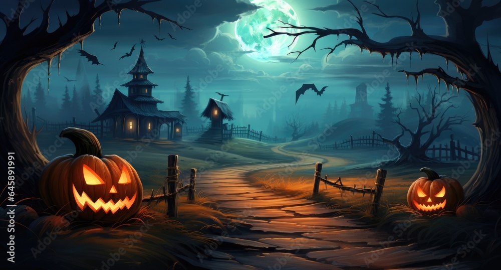 Halloween landscape background with pumpkins and full moon in the spooky haunted forest.