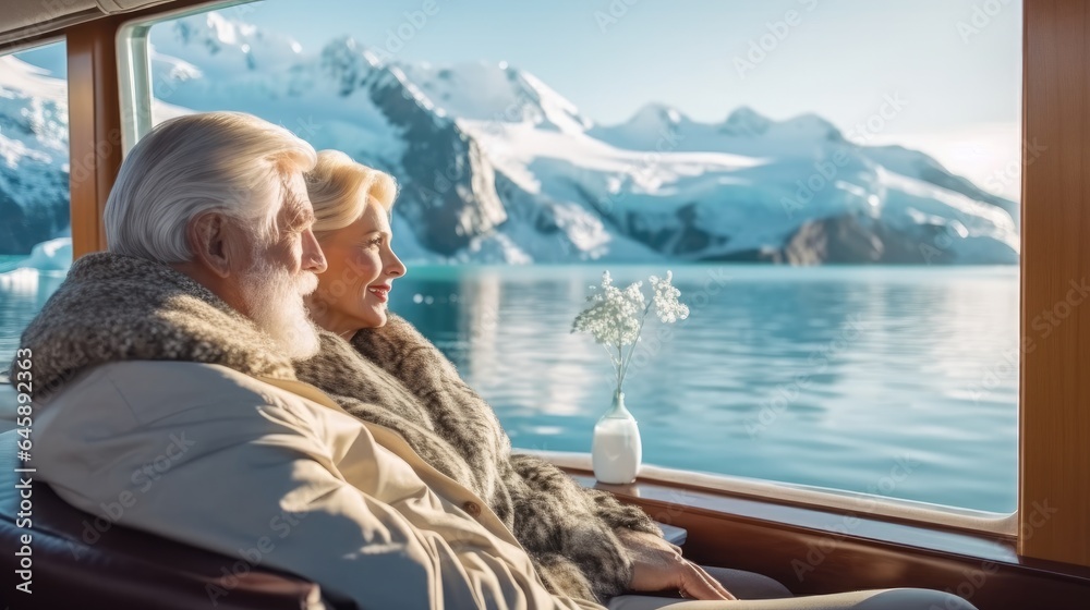 Fototapeta premium Senior couple enjoying a view from their luxurious cruise suite during admiring the majestic glaciers.