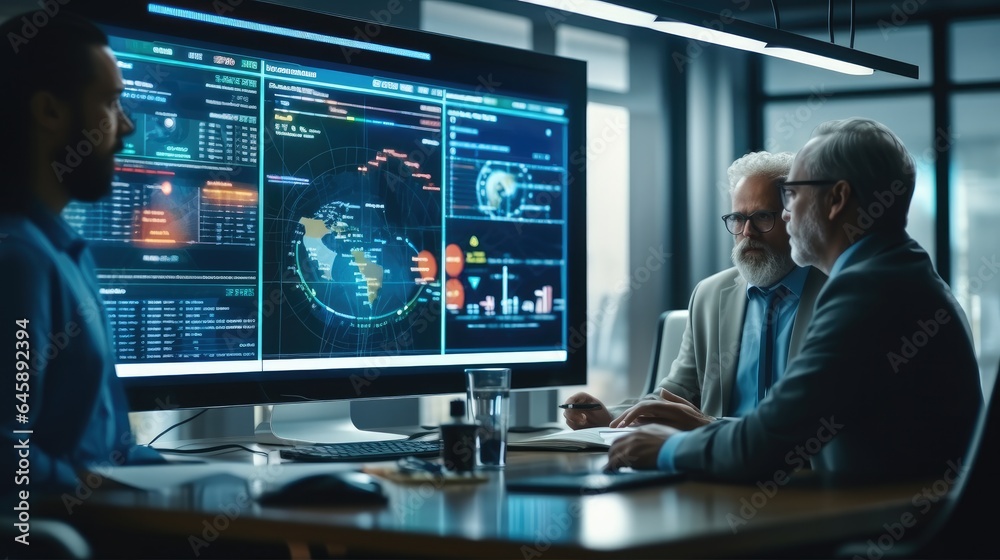 Diverse Team of Data Scientists Discussing Graphs and Reports on Big Digital Screen in the Office, Business Meeting in a Big Data Monitoring Company.