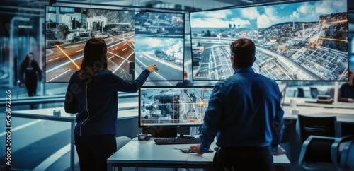Diverse Male and Female Software Engineers Discuss Live Analysis Feed with City Road and Traffic Updates in a Modern Monitoring Office.