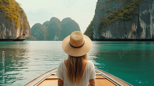 Back view of the young woman in straw hat relaxing on the boat and looking forward into lagoon. © JKLoma