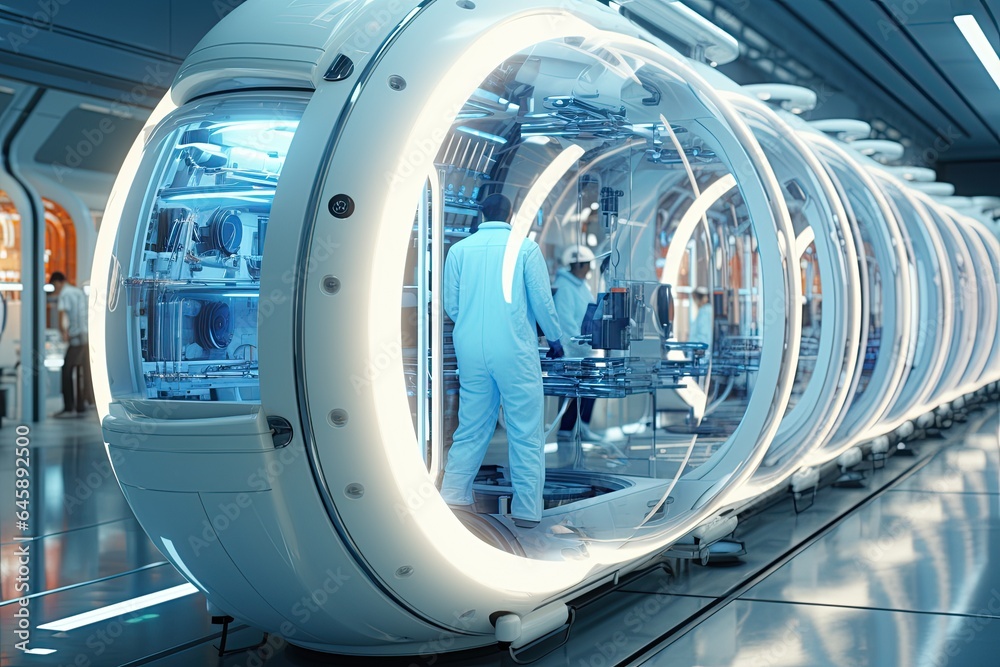 Obraz premium A state-of-the-art pharmaceutical manufacturing plant with scientists at work. Generated with AI