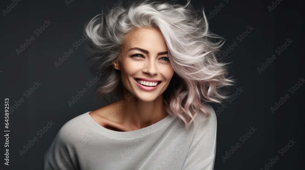 Portrait of smile woman with gray hair on gray background. Portrait of smile woman with gray hair on gray background.