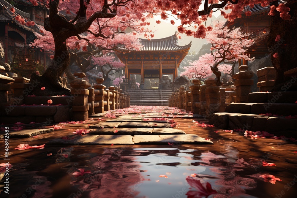 A tranquil Shinto shrine in Japan surrounded by cherry blossoms.Generated with AI - obrazy, fototapety, plakaty 