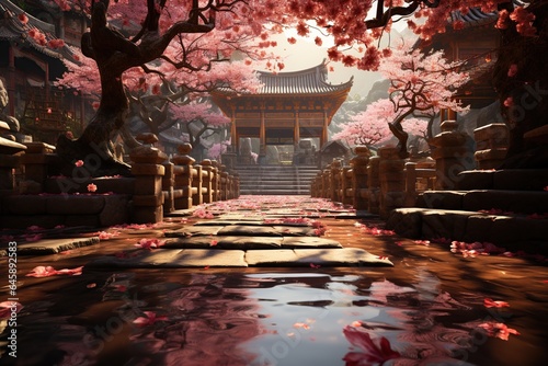 A tranquil Shinto shrine in Japan surrounded by cherry blossoms.Generated with AI photo