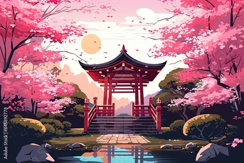 A tranquil Shinto shrine in Japan surrounded by cherry blossoms.Generated with AI