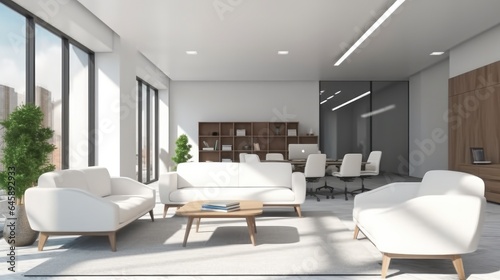 White and wood lounge with white sofas in fashionable office. © visoot