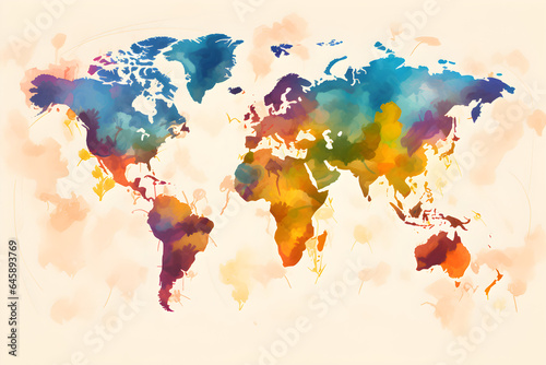 world map in a colourful abstract painterly art style on white backrground