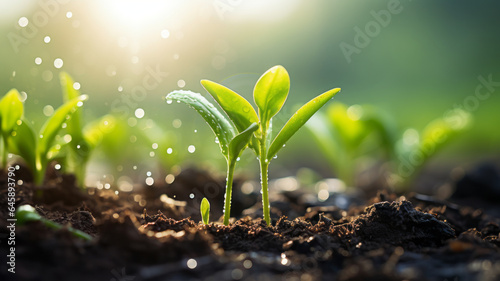 photograph of young plants growing up on ground with raining drop, save world and green green environment concept.