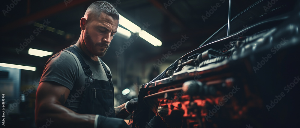 Portrait of a skilled car mechanic, worker working repair leaning a vehicle in a garage, Auto car repair service center.generative ai - obrazy, fototapety, plakaty 