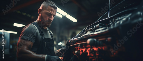 Portrait of a skilled car mechanic, worker working repair leaning a vehicle in a garage, Auto car repair service center.generative ai