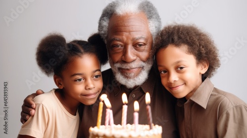 A happy grandpa celebrates a birthday with his grandkids and a cake with candles in a studio. Generative AI photo