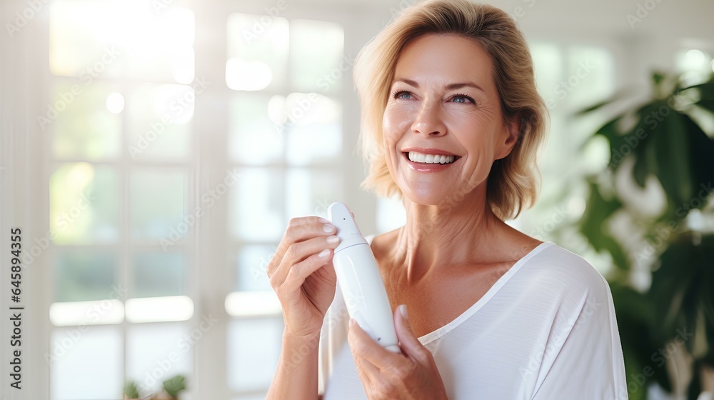 Mature woman using a skin care device on her face. Anti-aging skincare routine. generative AI Mature woman using a skin care device on her face. Anti-aging skincare routine. generative AI