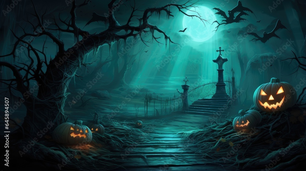 halloween pumpkins and bats under the moonlight. dark night forest full moon. graveyard silhouette halloween abstract background