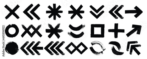 Collection brush hand drawn various geometric shapes. Seamless fabric texture. Hand drawn decorative seamless pattern. Bold brush drawn circles, asterisk, infinity signs, square, and triangle element.