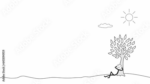 stick man is relaxing enjoying his beautiful day under the tree nice weather in retirement