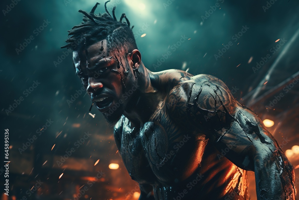Boxing: Two fighters exchange blows in the center of a boxing ring, under the spotlight's glare. Generated with AI Boxing: Two fighters exchange blows in the center of a boxing ring, under the spotlight's glare. Generated with AI