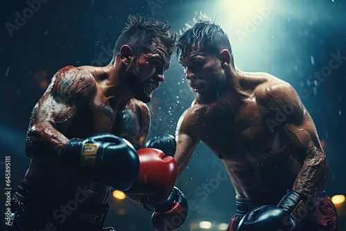 Boxing: Two fighters exchange blows in the center of a boxing ring, under the spotlight's glare. Generated with AI © Chanwit