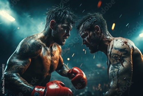 Boxing: Two fighters exchange blows in the center of a boxing ring, under the spotlight's glare. Generated with AI © Chanwit