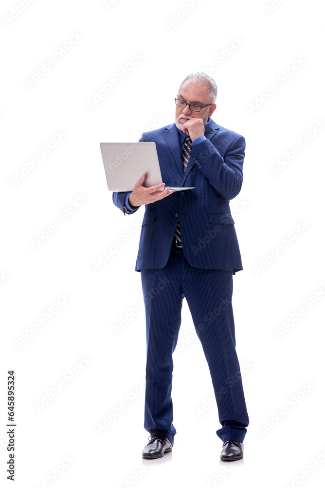 Old businessman holding laptop isolated on white Old businessman holding laptop isolated on white