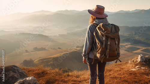 Hipster young girl with backpack enjoying sunset on peak of foggy mountain.generative ai