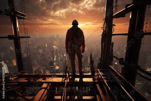 Construction Worker on Skyscraper: A construction worker balances on a high beam, overseeing a towering skyscraper project.Generated with AI