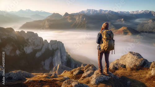 Hipster young girl with backpack enjoying sunset on peak of foggy mountain.generative ai